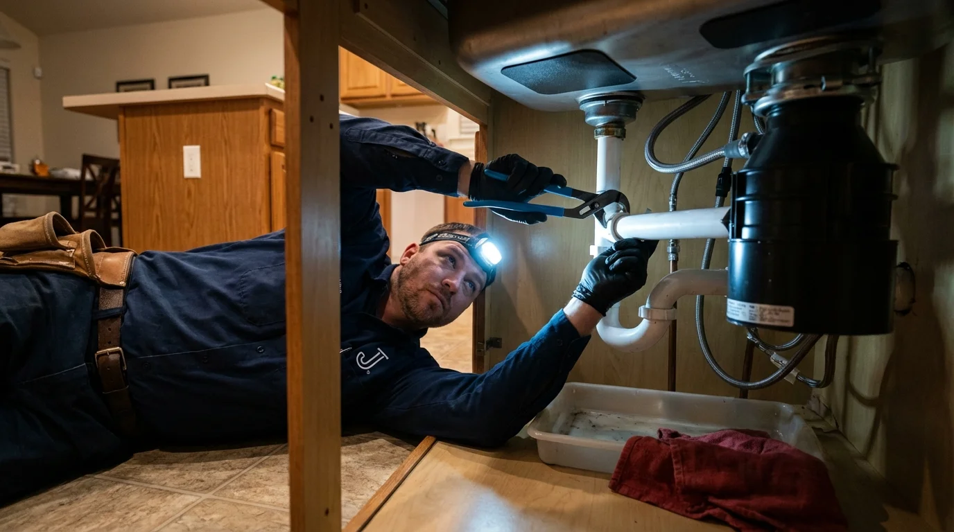 P-trap and supply line connections under a kitchen sink showing a common leak point in Princeton, KY
